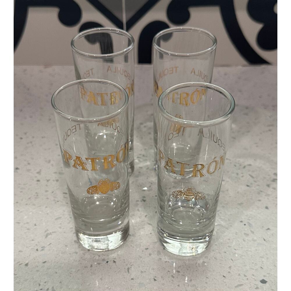 Vintage Set of 4 Patron Gold Tequila Honeybee Logo 4" Double Shot Glass